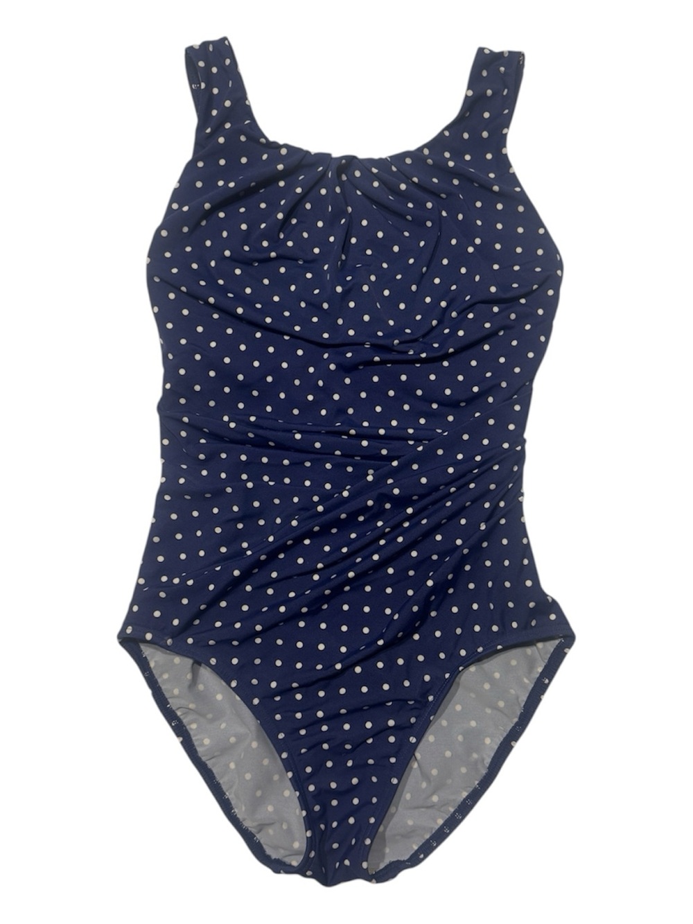 MIRACLESUIT Swimsuit One-Piece Tank Ruched Slimming Navy Blue Polka Dot Size 8